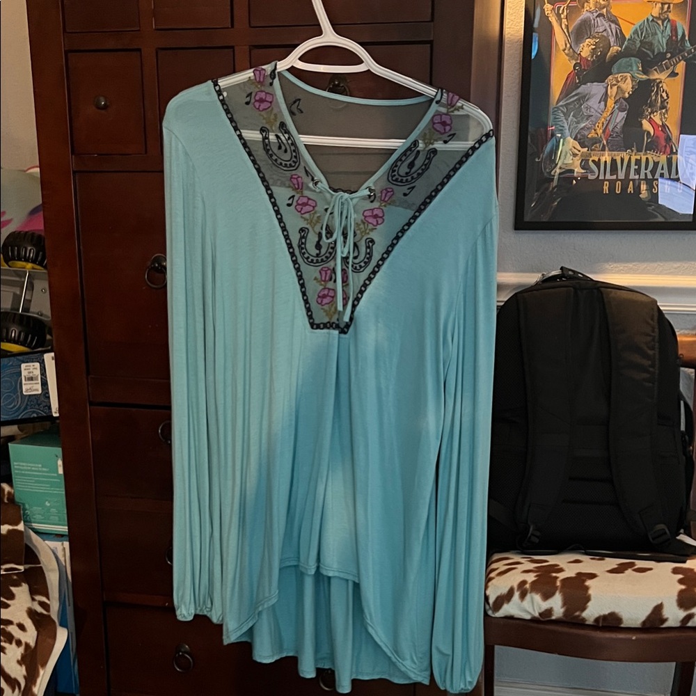 Double D Ranch Light Blue Tunic with Purple Embroidery